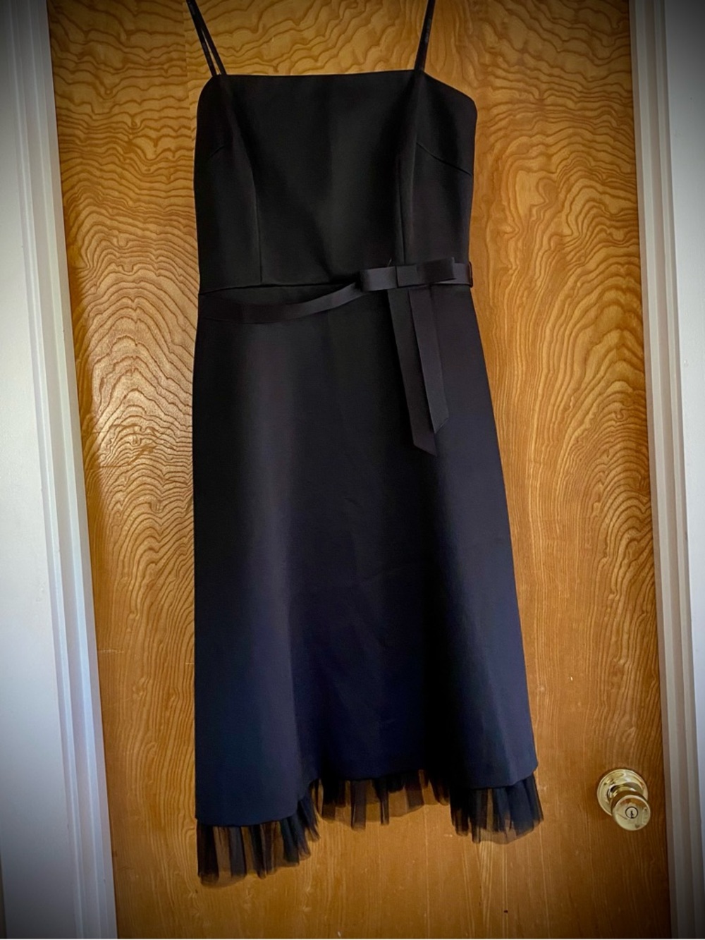 Classic, Elegant, Black Strapless Evening Midi Dress with Tulle at Hem